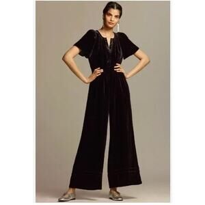 Anthropologie The Somerset Jumpsuit Velvet Edition Wide Leg Black SZ L
